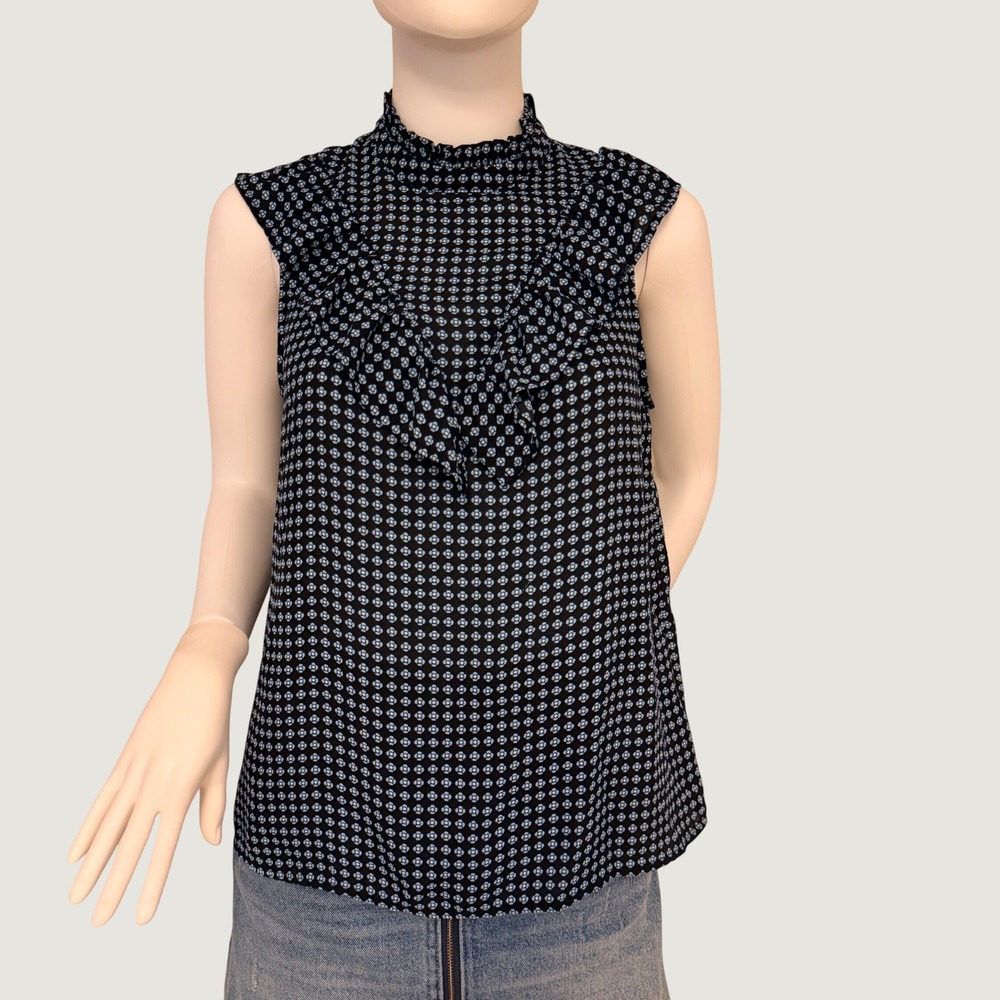 Who What Wear Womens Black Blue Floral Ruffle High Neck Sleeveless Blouse Size S